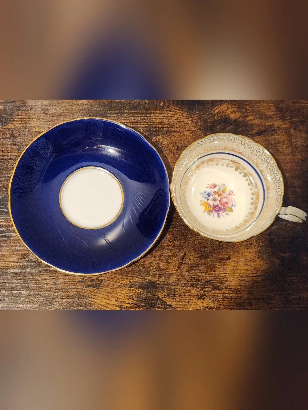 Vintage Aynsley England Bone China Cobalt Blue Gold Filigree Floral Cup & Saucer